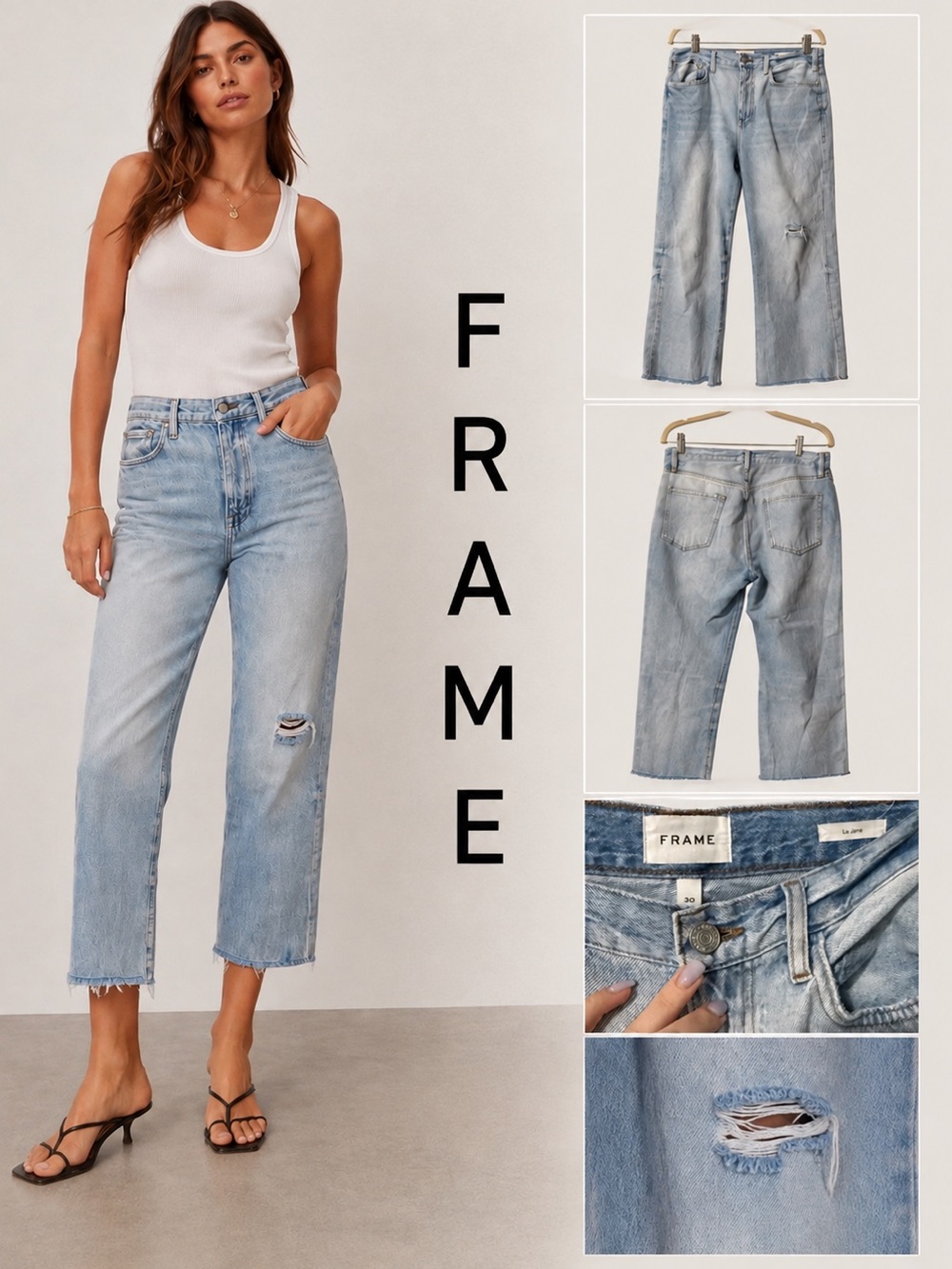 FRAME Le Jane Downpour Rips High Rise Straight Leg Distressed Jeans Size 25